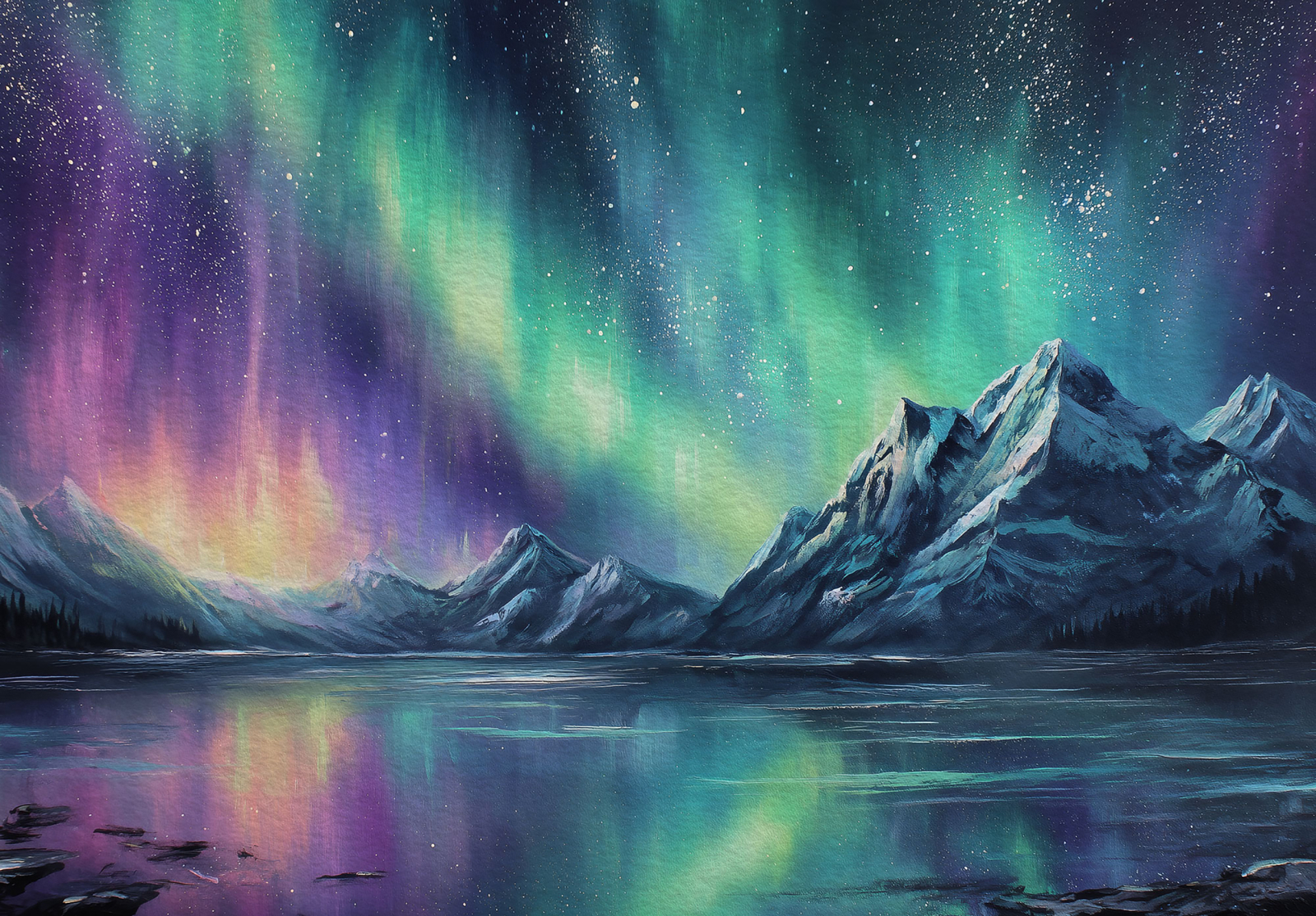 Фототапет Северно сияние над планини – магия, дълбочина и космическа атмосфера